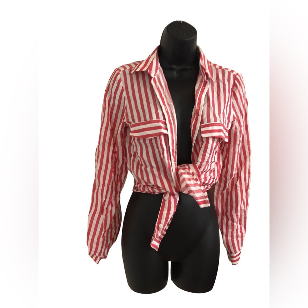 Zara red white striped button down front long sleeve blouse shirt size XS new‎